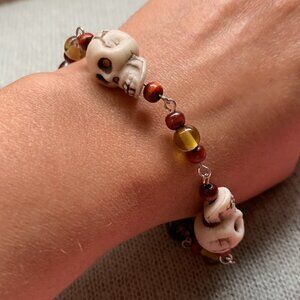 💀 Handmade Skull Bracelet & Earrings Set (Beige, Amber & Brown)